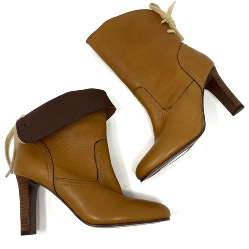 See By Chloe Lara Split Shaft Ankle Boots Lace Up Heeled Leather Brown Sz 37 NWT